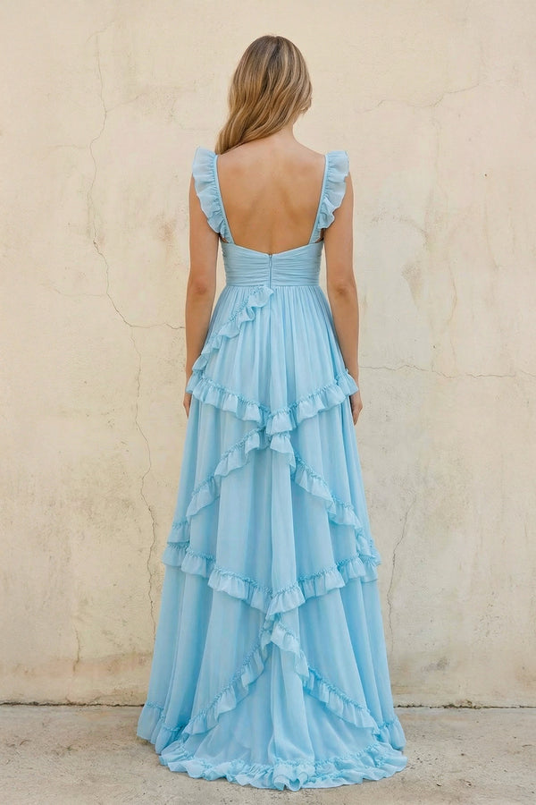 Sweetheart A Line Ruffled Maxi Dress in Sky Blue - SHE IS ME PROM DRESSES