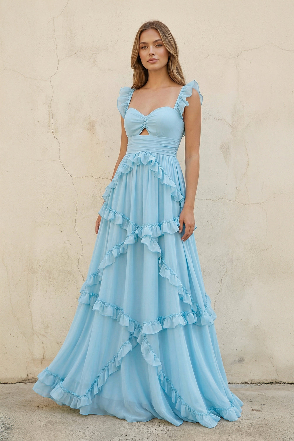 Sweetheart A Line Ruffled Maxi Dress in Sky Blue - SHE IS ME PROM DRESSES