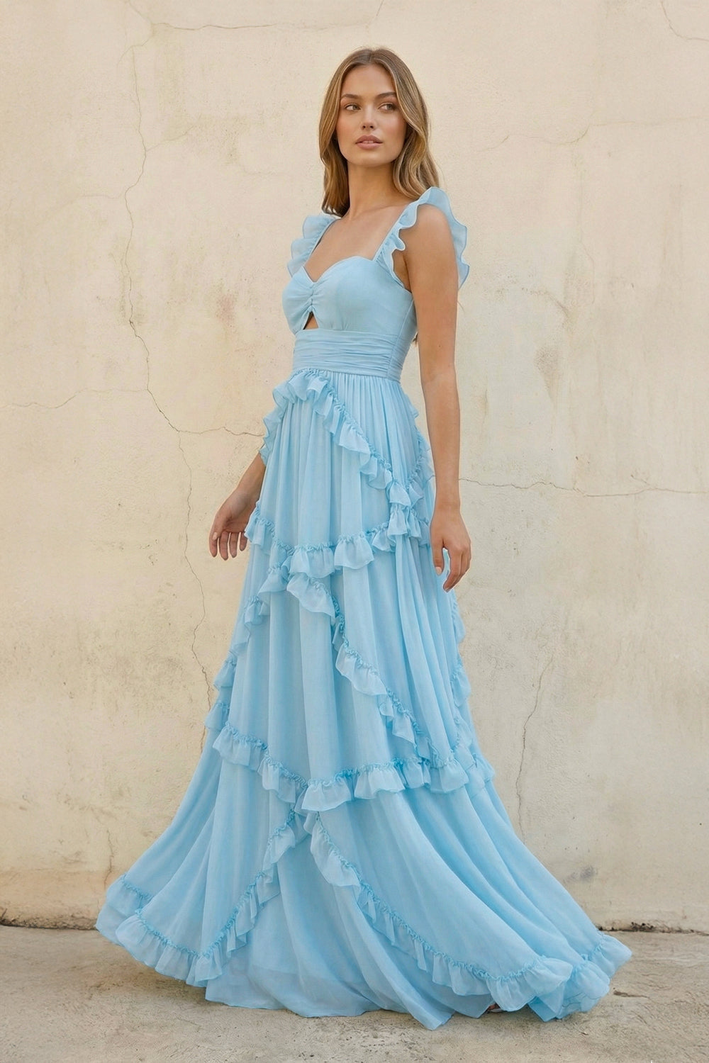 Sweetheart A Line Ruffled Maxi Dress in Sky Blue - SHE IS ME PROM DRESSES