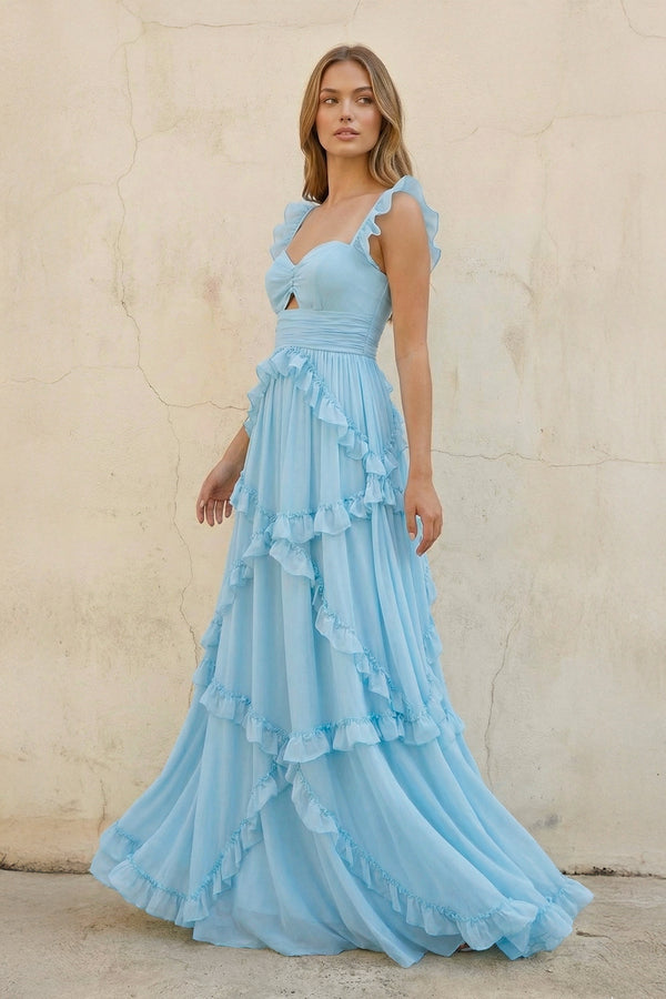 Sweetheart A Line Ruffled Maxi Dress in Sky Blue - SHE IS ME PROM DRESSES