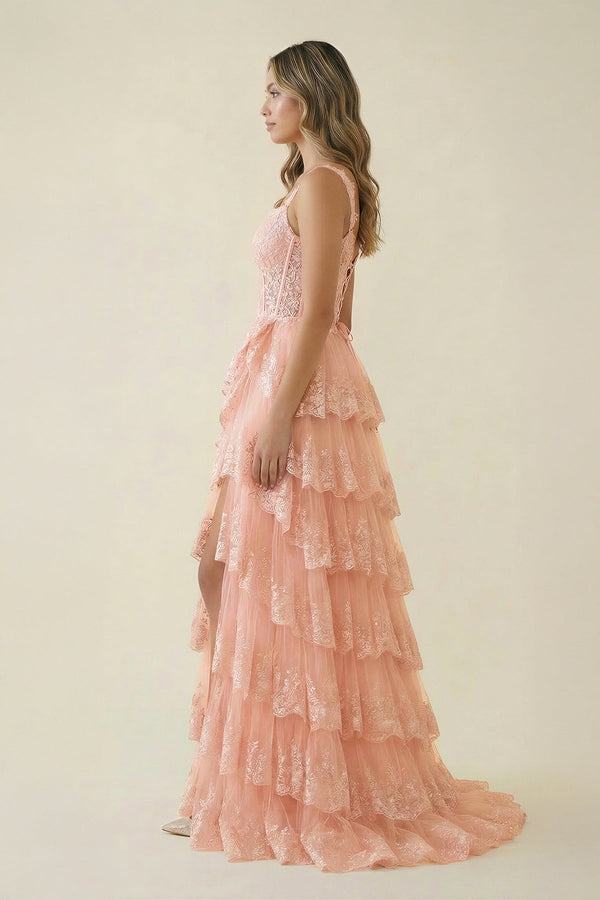 Sweetheart A Line Ruffled Maxi Dress With Slit in Blush - SHE IS ME PROM DRESSES