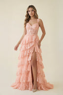 Sweetheart A Line Ruffled Maxi Dress With Slit in Blush - SHE IS ME PROM DRESSES
