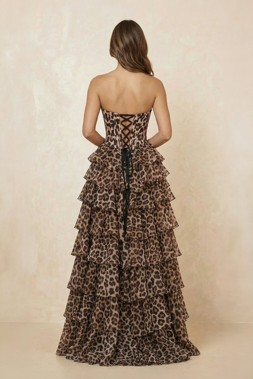 Sweetheart A Line Ruffled Maxi Dress With Slit in Leopard - SHE IS ME PROM DRESSES