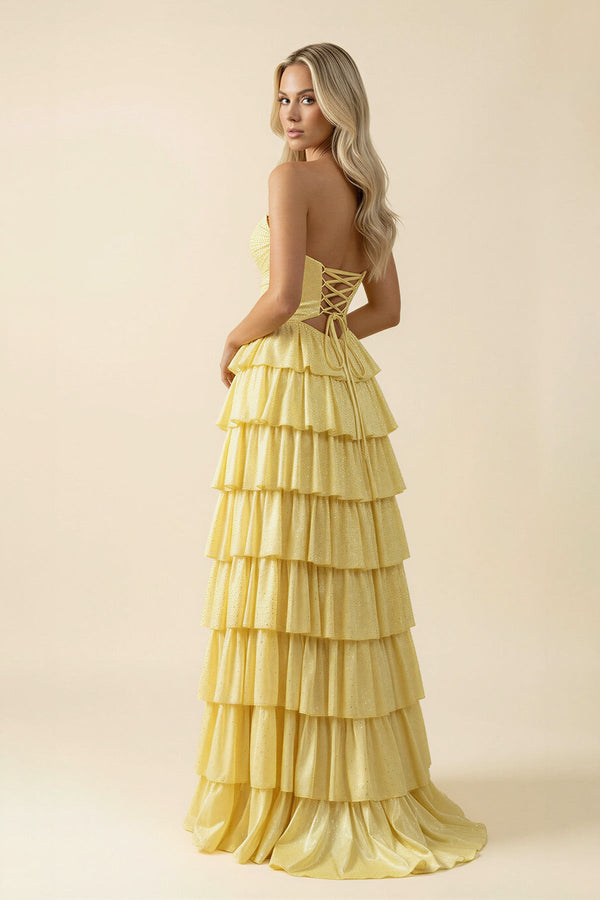 Sweetheart A Line Ruffled Maxi Dress With Slit in Yellow - SHE IS ME PROM DRESSES