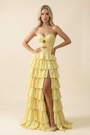 Sweetheart A Line Ruffled Maxi Dress With Slit in Yellow - SHE IS ME PROM DRESSES