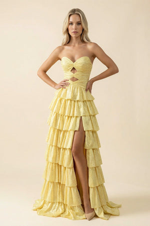 Sweetheart A Line Ruffled Maxi Dress With Slit in Yellow - SHE IS ME PROM DRESSES