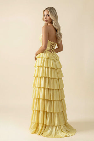 Sweetheart A Line Ruffled Maxi Dress With Slit in Yellow - SHE IS ME PROM DRESSES
