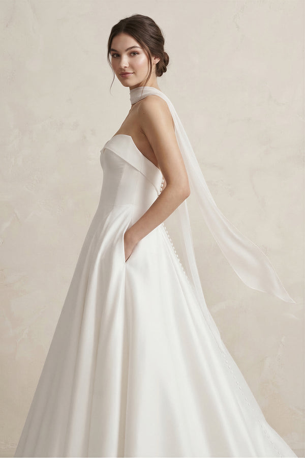 Sweetheart A - Line Satin Ball Gown Wedding Dress in White - SHE IS ME Wedding Dresses