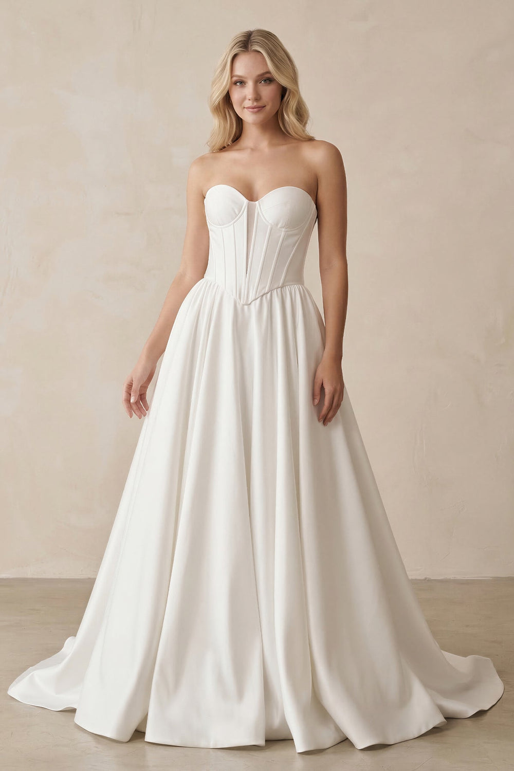 Sweetheart A - Line Satin Corset Wedding Dress in White - SHE IS ME Wedding Dresses