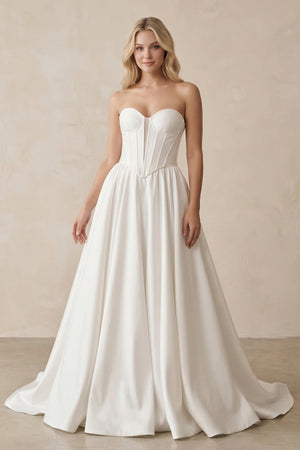 Sweetheart A - Line Satin Corset Wedding Dress in White - SHE IS ME Wedding Dresses