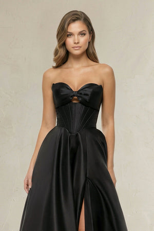 Sweetheart A - Line Satin Corset Wedding Dress with Bow in Black - SHE IS ME Wedding Dresses