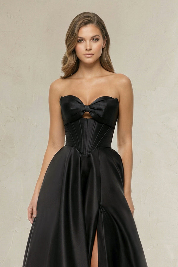 Sweetheart A - Line Satin Corset Wedding Dress with Bow in Black - SHE IS ME Wedding Dresses