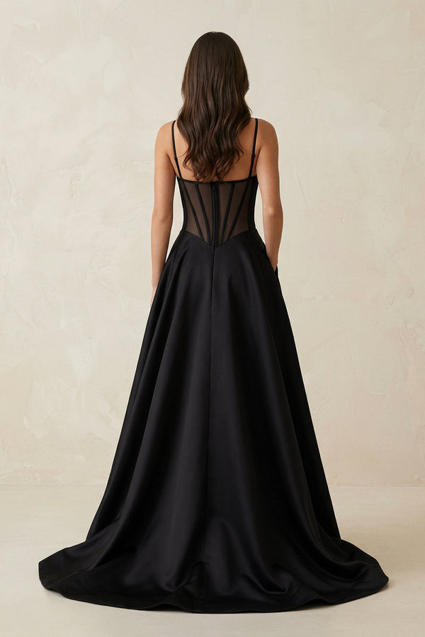 Sweetheart A - Line Satin Corset Wedding Dress with Slit in Black - SHE IS ME Wedding Dresses