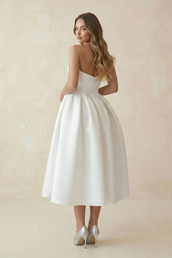 Sweetheart A - Line Satin Midi Wedding Dress in White - SHE IS ME Wedding Dresses