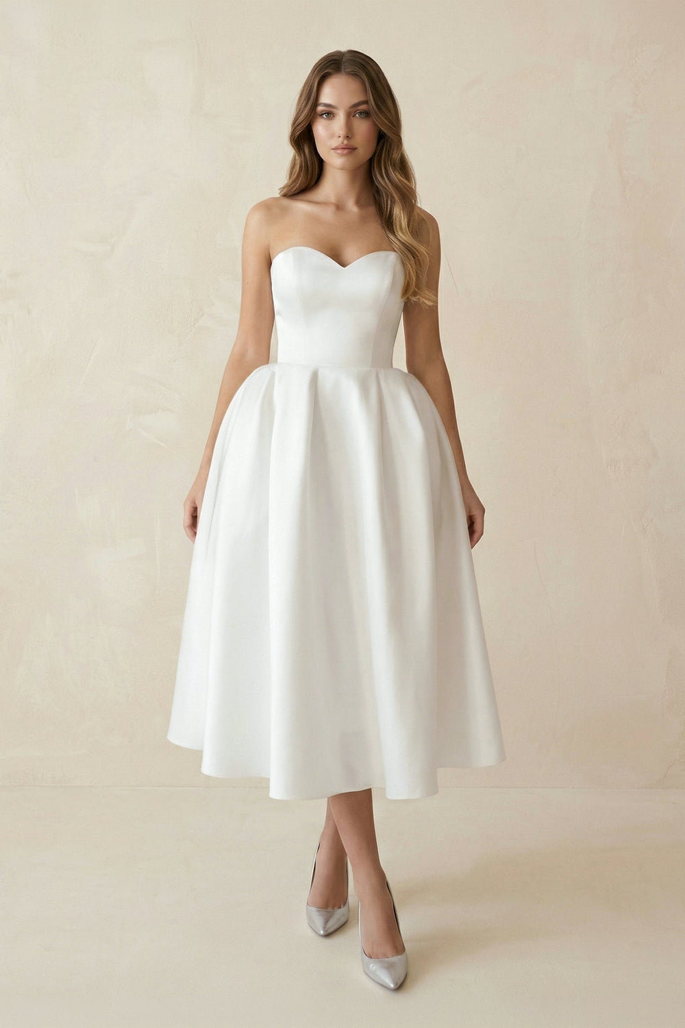 Sweetheart A - Line Satin Midi Wedding Dress in White - SHE IS ME Wedding Dresses