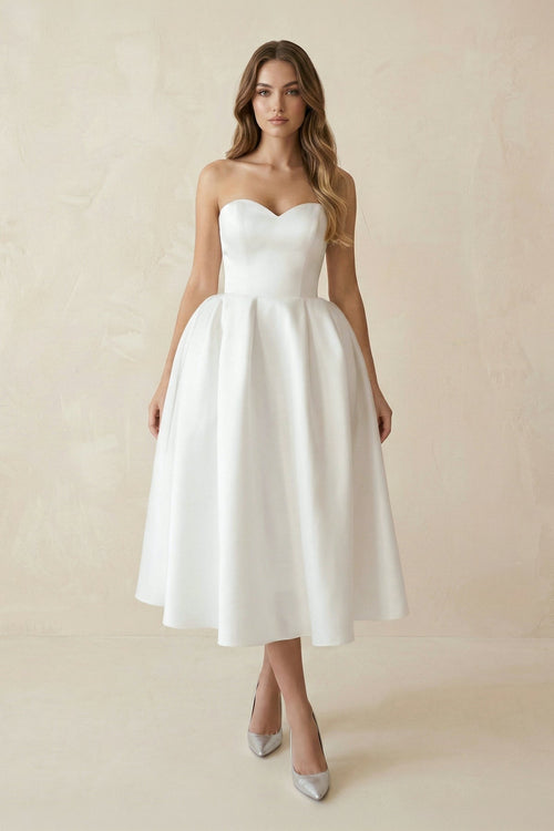 Sweetheart A - Line Satin Midi Wedding Dress in White - SHE IS ME Wedding Dresses