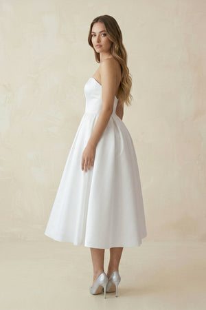 Sweetheart A - Line Satin Midi Wedding Dress in White - SHE IS ME Wedding Dresses
