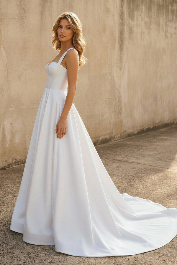 Sweetheart A Line Satin Wedding Dress in White - SHE IS ME Wedding Dresses