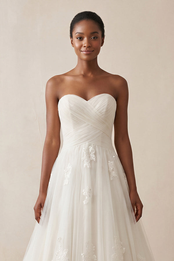 Sweetheart A - Line Tulle Corset Wedding Dress With Appliques in Ivory - SHE IS ME Wedding Dresses