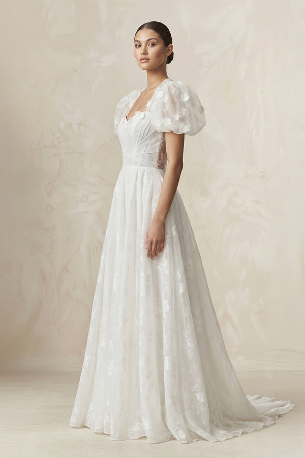 Sweetheart A - Line Tulle Puff Sleeve Wedding Dress in Ivory - SHE IS ME Wedding Dresses