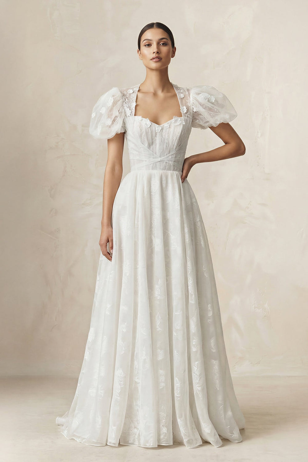 Sweetheart A - Line Tulle Puff Sleeve Wedding Dress in Ivory - SHE IS ME Wedding Dresses
