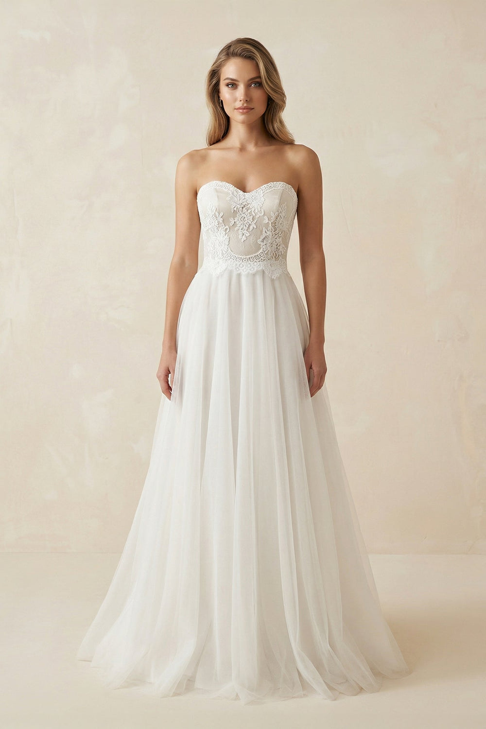 Sweetheart A Line Tulle Wedding Dress With Appliques in White and Nude - SHE IS ME Wedding Dresses
