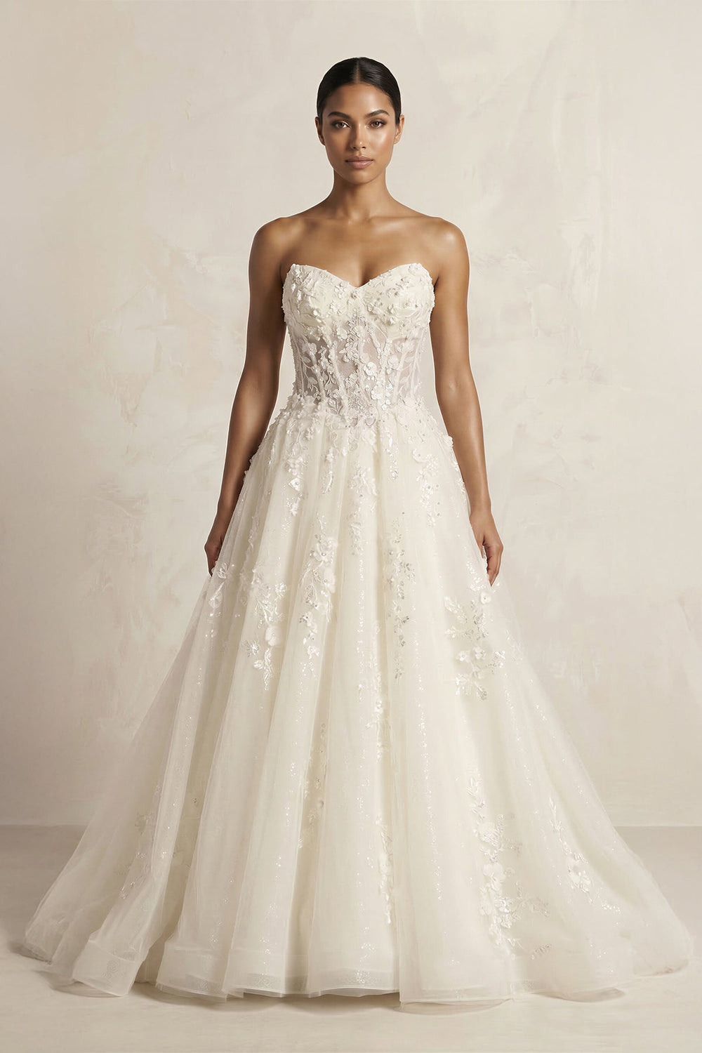 Sweetheart Appliqued Corset A - Line Wedding Gown in Ivory - SHE IS ME Wedding Dresses