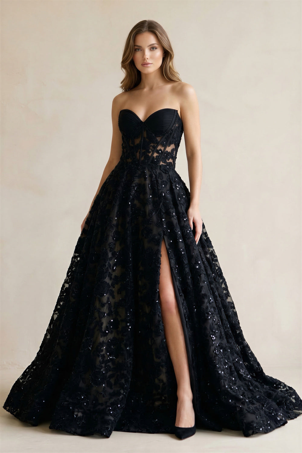 Sweetheart Appliqued Corset Lace Ball Gown Wedding Dress With Slit in Black - SHE IS ME Wedding Dresses