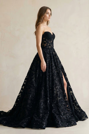 Sweetheart Appliqued Corset Lace Ball Gown Wedding Dress With Slit in Black - SHE IS ME Wedding Dresses