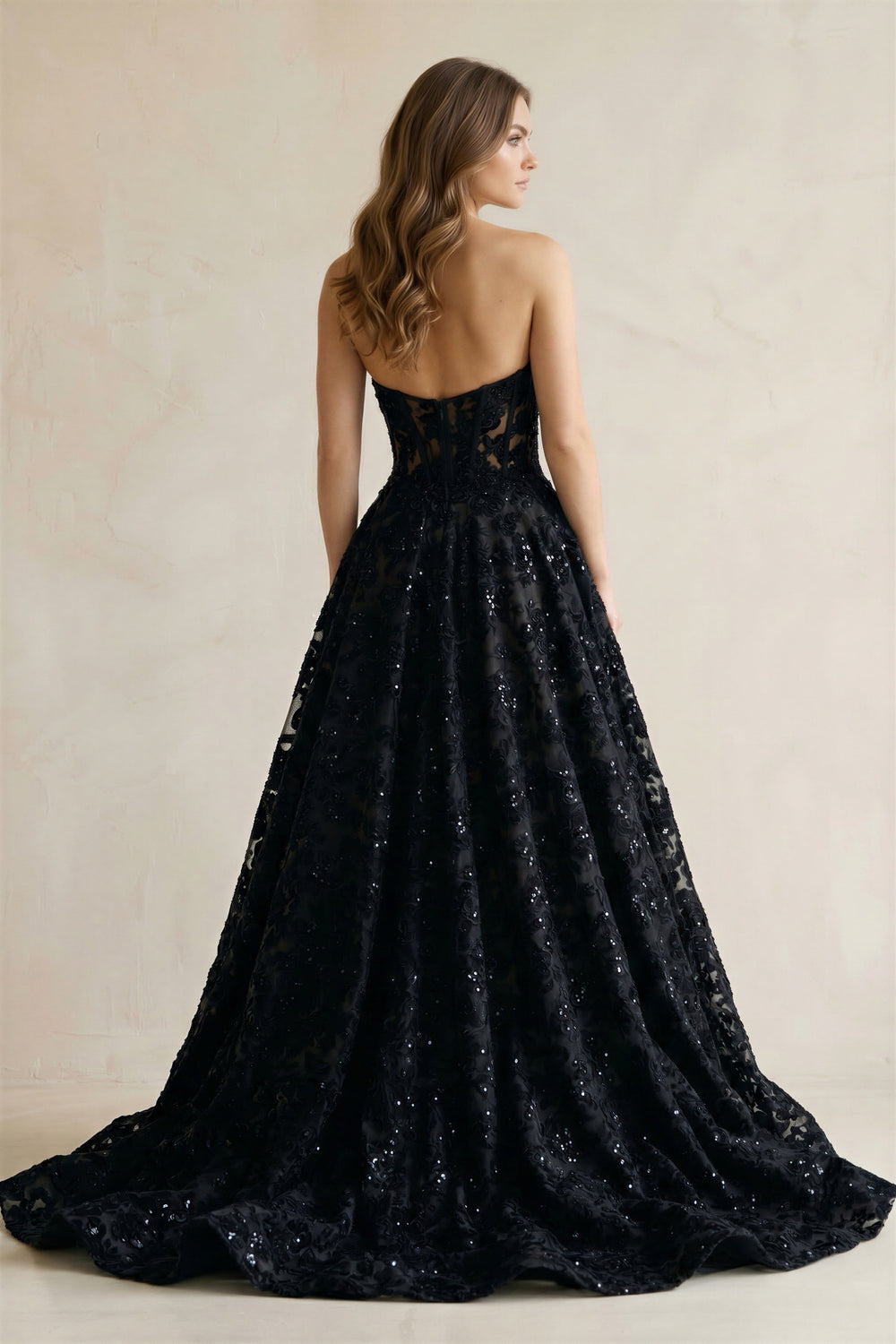 Sweetheart Appliqued Corset Lace Ball Gown Wedding Dress With Slit in Black - SHE IS ME Wedding Dresses