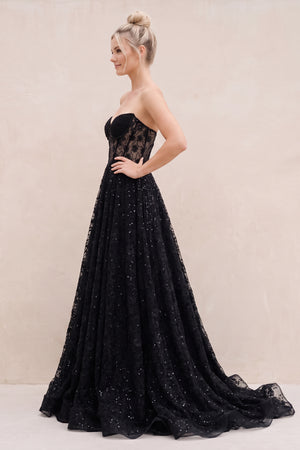 Black Sweetheart Appliqued Corset Lace Ball Gown Wedding Dress With Slit - SHEISME