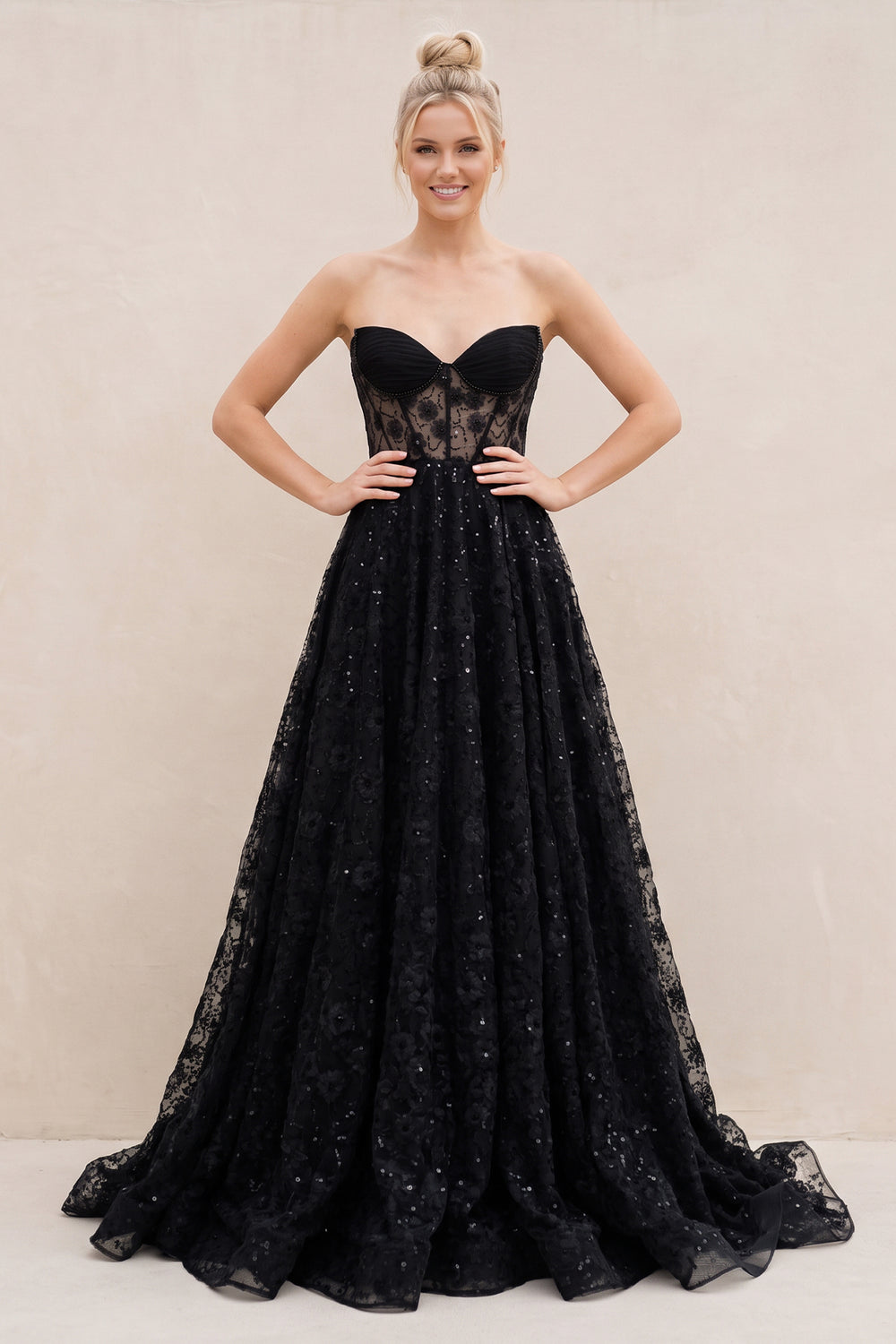 Black Sweetheart Appliqued Corset Lace Ball Gown Wedding Dress With Slit - SHEISME