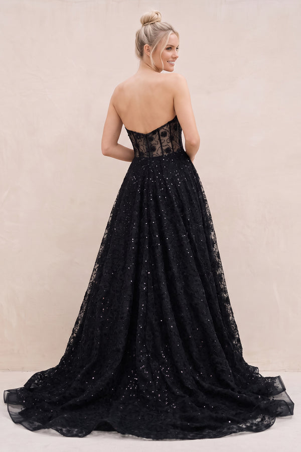 Black Sweetheart Appliqued Corset Lace Ball Gown Wedding Dress With Slit - SHEISME