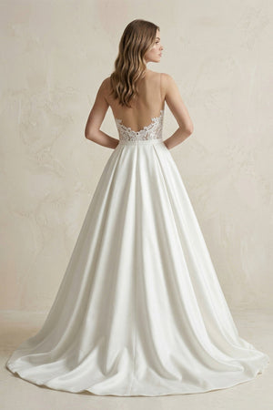 Sweetheart Appliqued Satin Ball Gown Wedding Dress in White - SHE IS ME Wedding Dresses