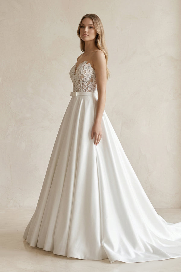Sweetheart Appliqued Satin Ball Gown Wedding Dress in White - SHE IS ME Wedding Dresses