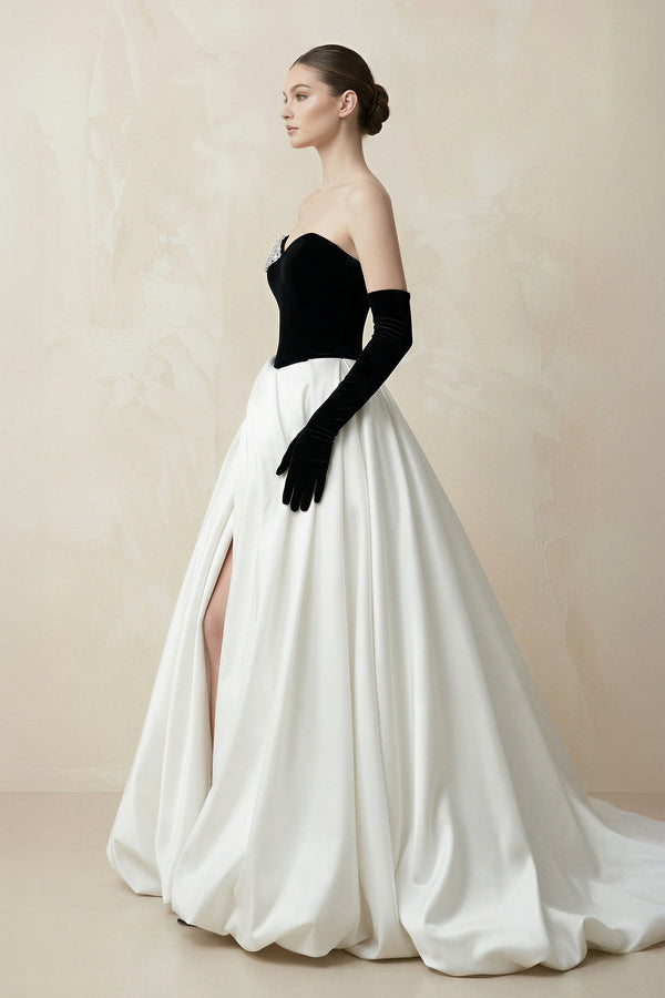 Sweetheart Ball Gown Beaded Satin Wedding Dress With Slit in Black and White - SHE IS ME Wedding Dresses