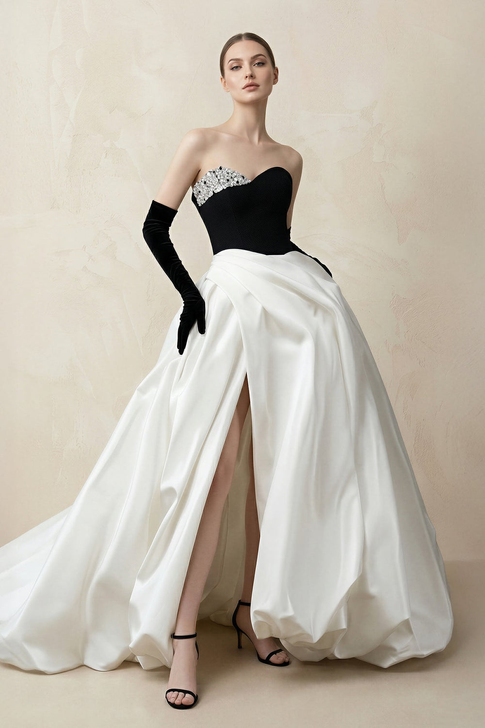 Sweetheart Ball Gown Beaded Satin Wedding Dress With Slit in Black and White - SHE IS ME Wedding Dresses