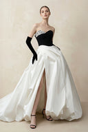 Sweetheart Ball Gown Beaded Satin Wedding Dress With Slit in Black and White - SHE IS ME Wedding Dresses
