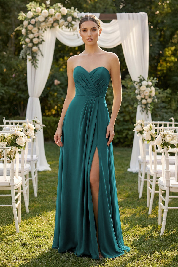 Sweetheart Chiffon A - Line Bridesmaid Dress with Slit in Pine - SHE IS ME Bridesmaid Dresses