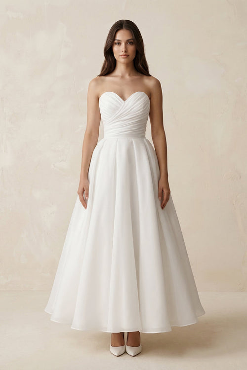 Sweetheart Chiffon A - Line Ruched Wedding Dress in White - SHE IS ME Wedding Dresses