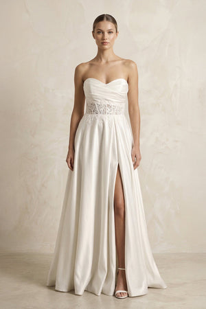 Sweetheart Corset Lace A - Line Satin Wedding Dress With Slit in White - SHE IS ME Wedding Dresses