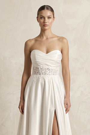 Sweetheart Corset Lace A - Line Satin Wedding Dress With Slit in White - SHE IS ME Wedding Dresses