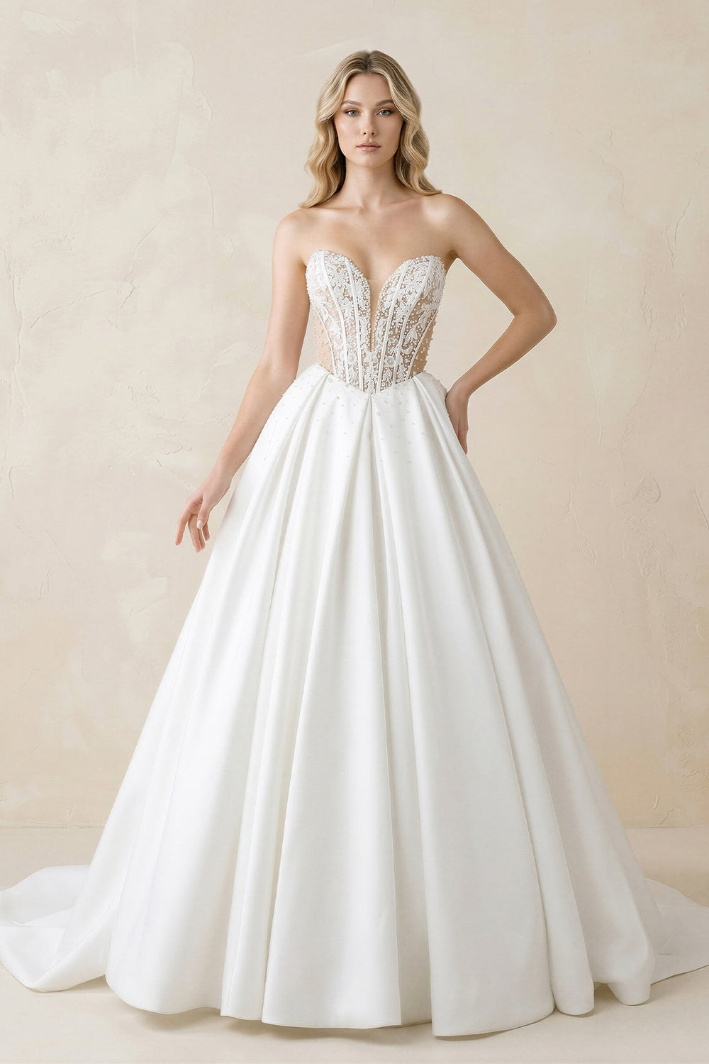 Sweetheart Corset Satin Ball Gown Wedding Dress in White - SHE IS ME Wedding Dresses