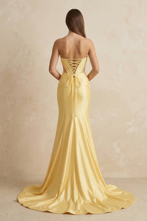 Sweetheart Corset Satin Mermaid Long Prom Dress in Yellow - SHE IS ME Prom Dresses
