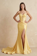 Sweetheart Corset Satin Mermaid Long Prom Dress in Yellow - SHE IS ME Prom Dresses