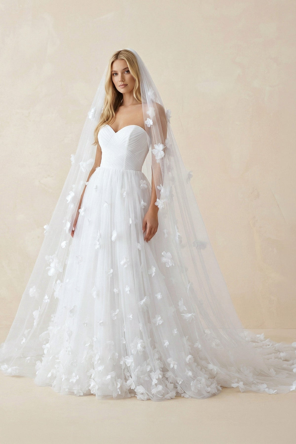 Sweetheart Flower Tulle A - Line Wedding Dress in White - SHE IS ME Wedding Dresses