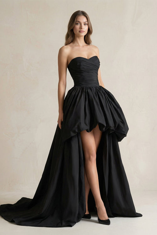 Sweetheart High - Low Satin Pleated Wedding Dress in Black - SHE IS ME Wedding Dresses