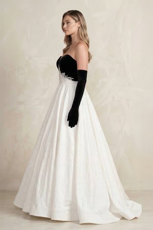 Sweetheart Jacquard Ball Gown Wedding Dress with Sleeves in Black and White - SHE IS ME Wedding Dresses