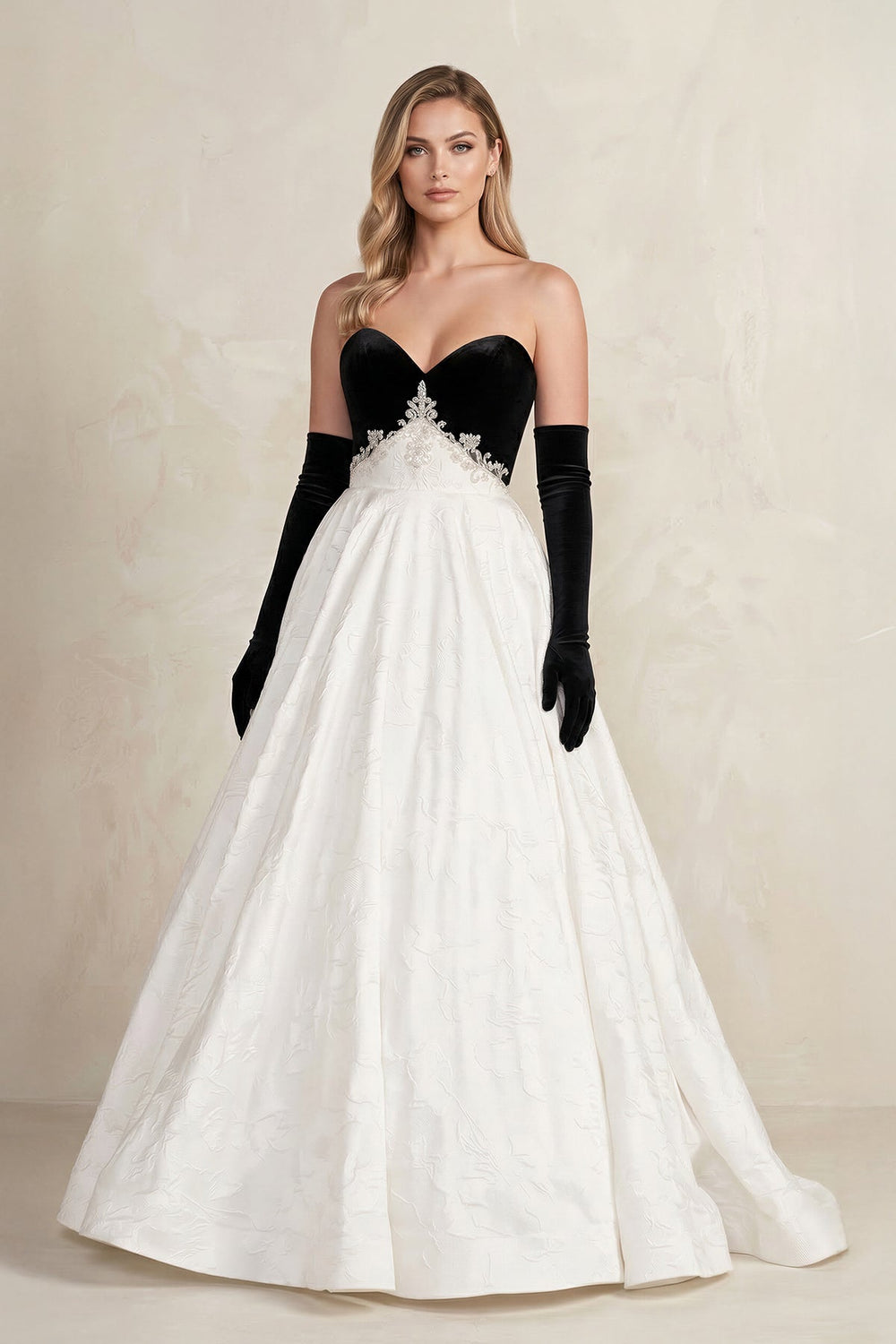 Sweetheart Jacquard Ball Gown Wedding Dress with Sleeves in Black and White - SHE IS ME Wedding Dresses