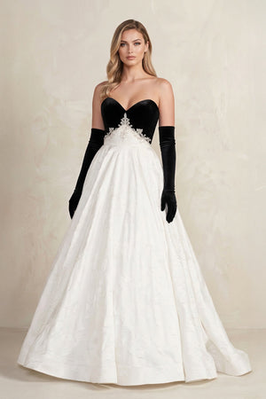 Sweetheart Jacquard Ball Gown Wedding Dress with Sleeves in Black and White - SHE IS ME Wedding Dresses
